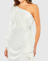 White Satin One Sleeve Cocktail Dress